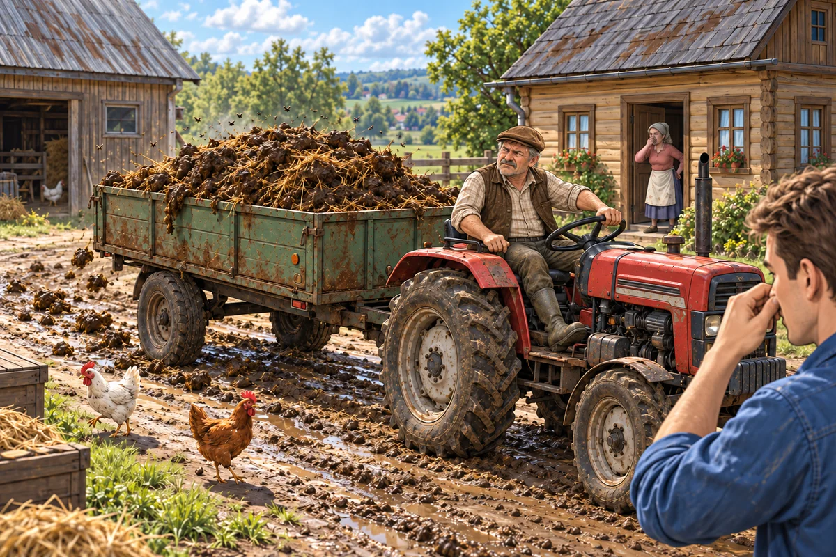 Starszy rolnik przywozi ciągnikiem przyczepę surowego obornika; stojący obok młodszy rolnik zatyka nos.